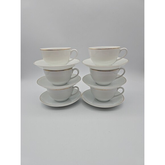 VTG  Noritake Occupied Japan Cup & Saucer Set of 6 White w Gold Trim Bone China - Picture 1 of 8